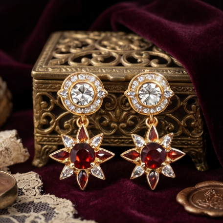 Garnet and Crystal Starburst Drop Earrings