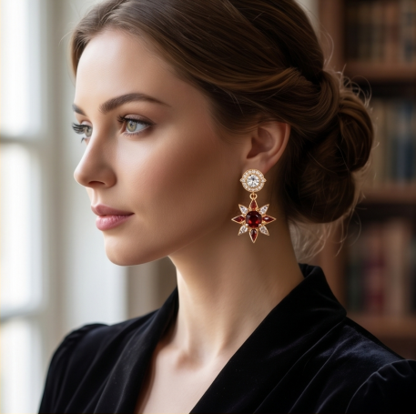 Garnet and Crystal Starburst Drop Earrings