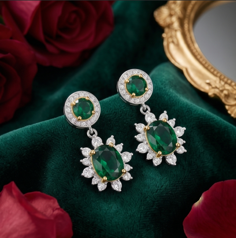Emerald Halo Starburst Drop Earrings