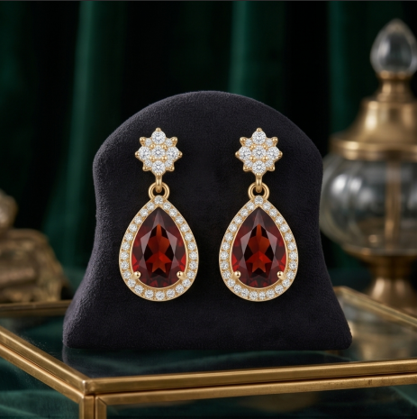Garnet Teardrop Floral Halo Earrings