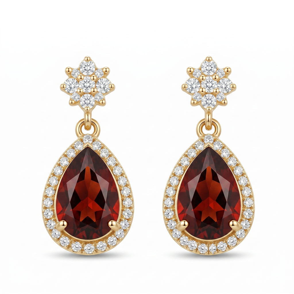 Garnet Teardrop Floral Halo Earrings