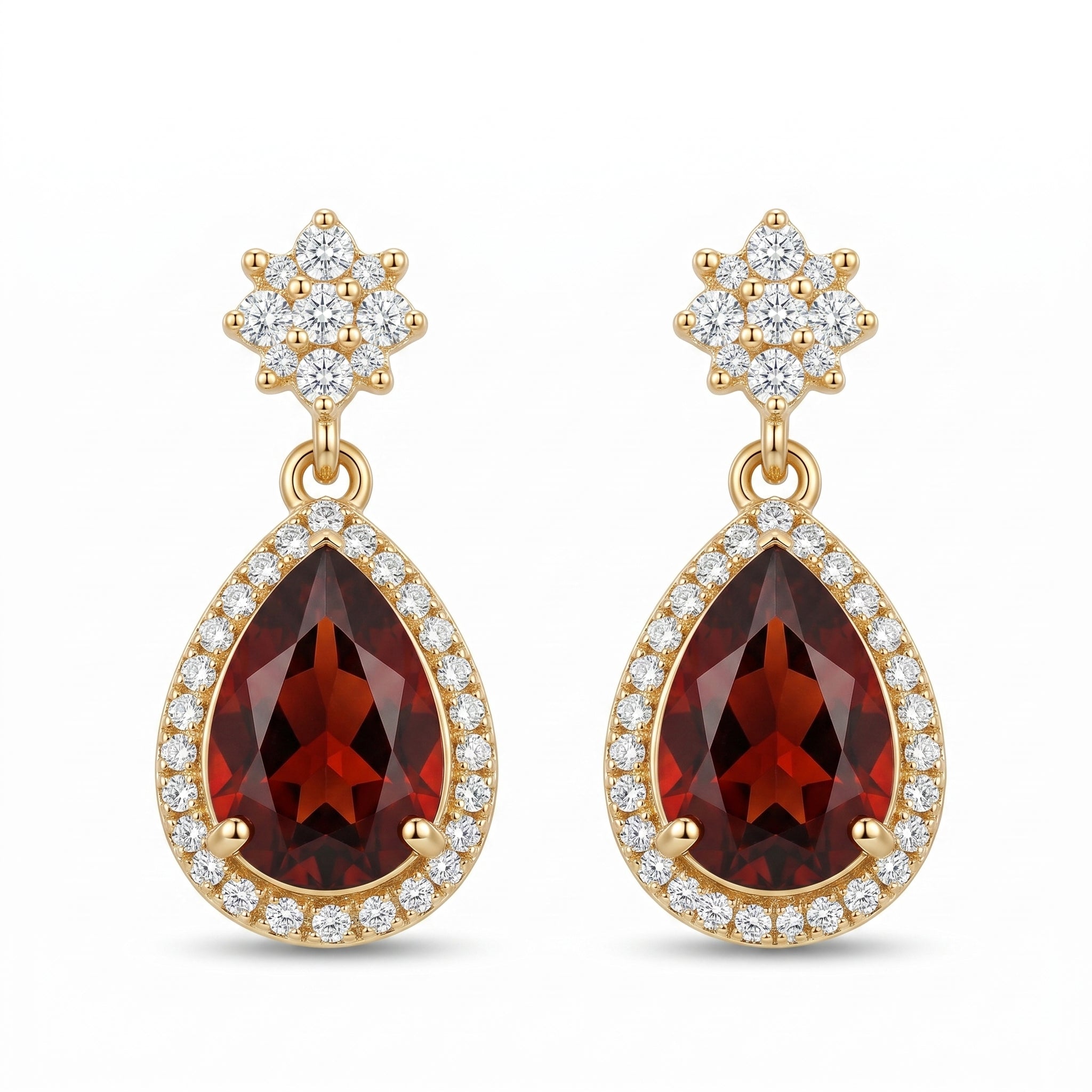 Garnet Teardrop Floral Halo Earrings