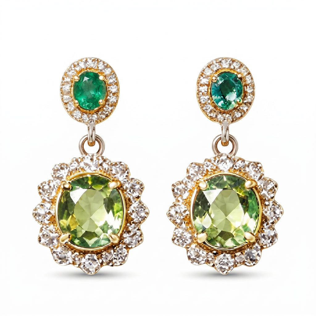 Emerald and Peridot Halo Drop Earrings