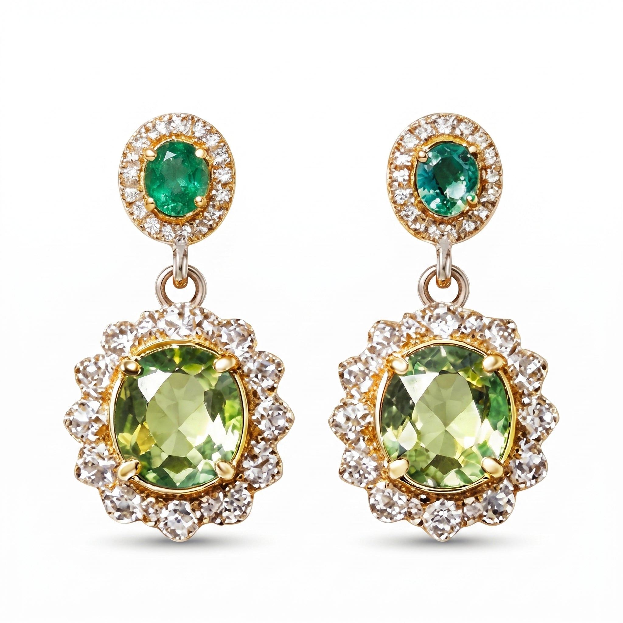 Emerald and Peridot Halo Drop Earrings