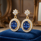 Sapphire Oval Halo Floral Earrings