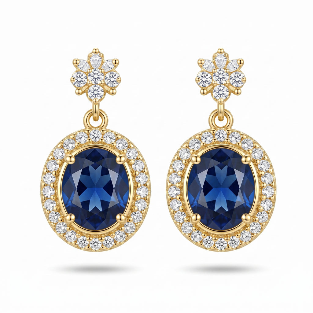 Sapphire Oval Halo Floral Earrings
