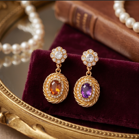 Asymmetrical Gemstone and Rope Texture Drop Earrings