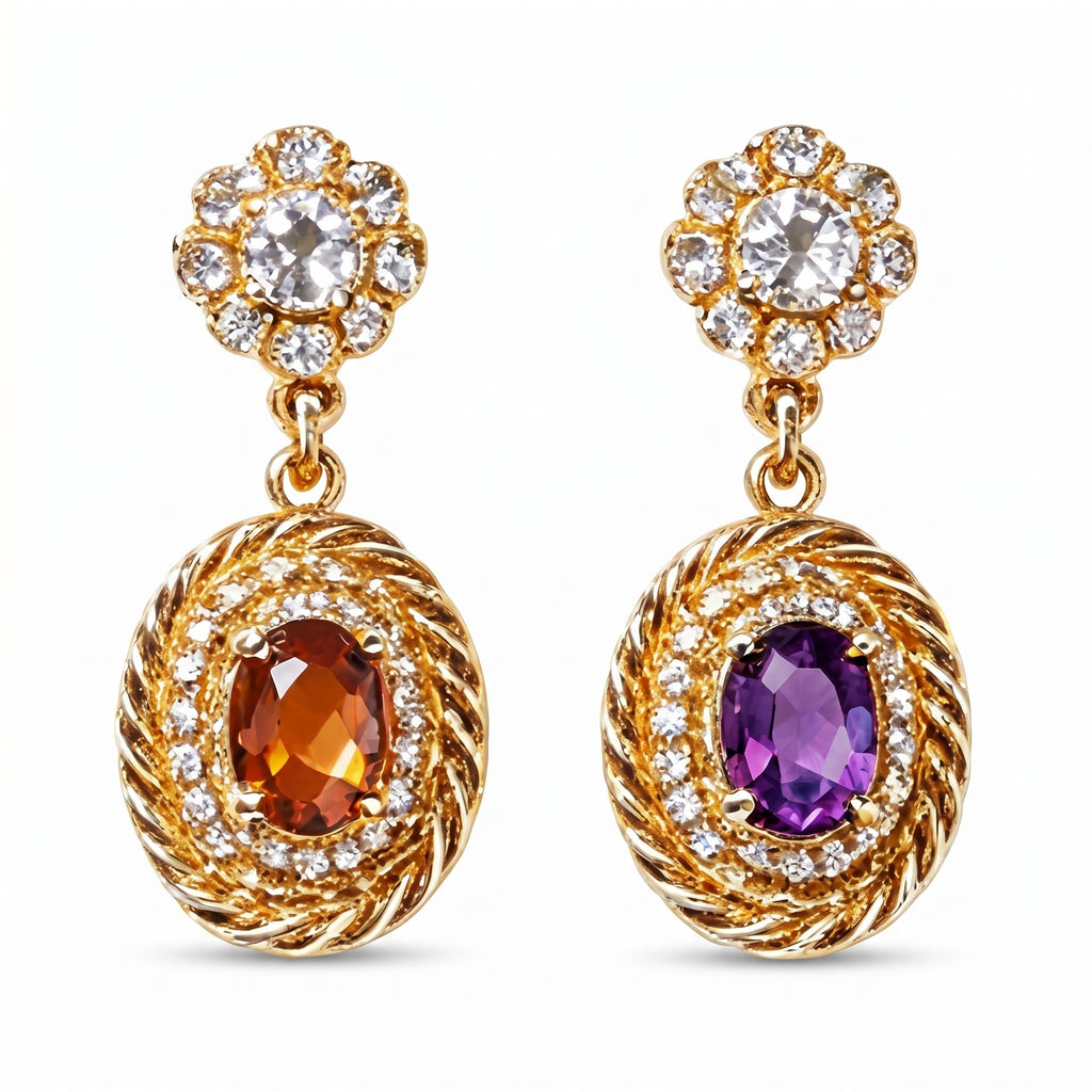 Asymmetrical Gemstone and Rope Texture Drop Earrings